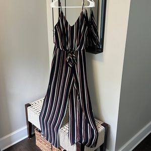 Navy, Red and White Striped Jumpsuit Size M